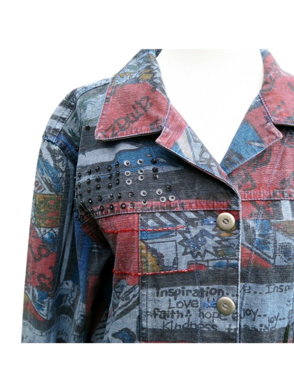 Chicos Embellished Patchwork Denim Jacket With Beads & Pockets Size 1 Medium - Picture 2 of 6